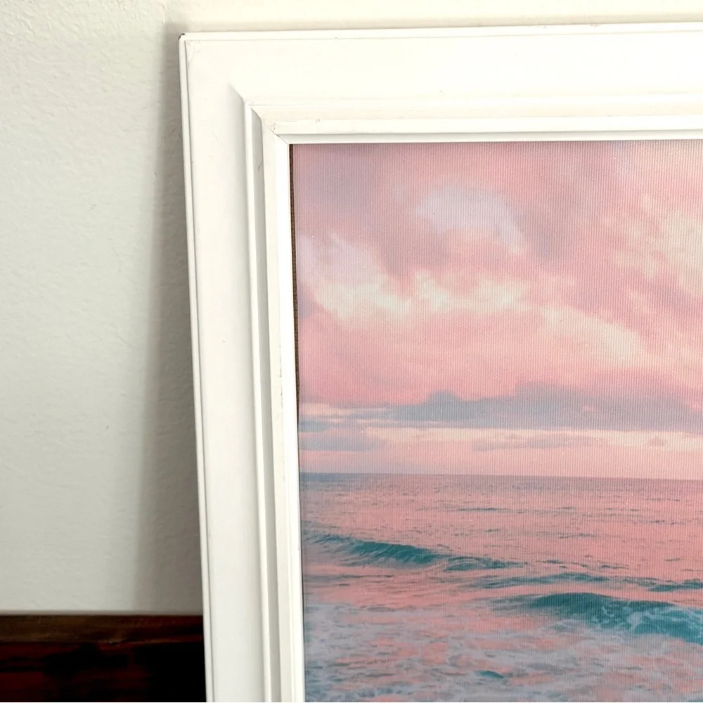 Ocean Waves Pink Cotton Candy Sky Sunset Coastal Beachy Canvas Art Print Framed